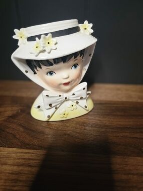 Vintage  Relpo Lady Head Vase  K1147 RARE YELLOW Gold Polka dot MCM Retro Chic 4